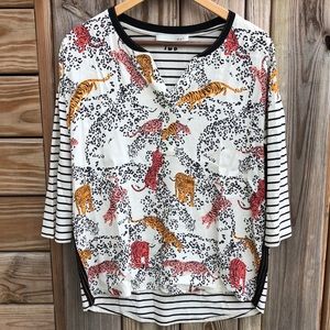 Like new! - OUI Notched Neck Animal Print/Stripe Mixed Media Top